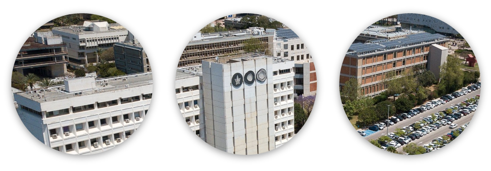 שלושה עיגולים שהם תמונה אחת: מבט מהאוויר על קמפוס אוניברסיטת תל אביב, ובמרכז בניין המגדל עם סמל האוניברסיטה